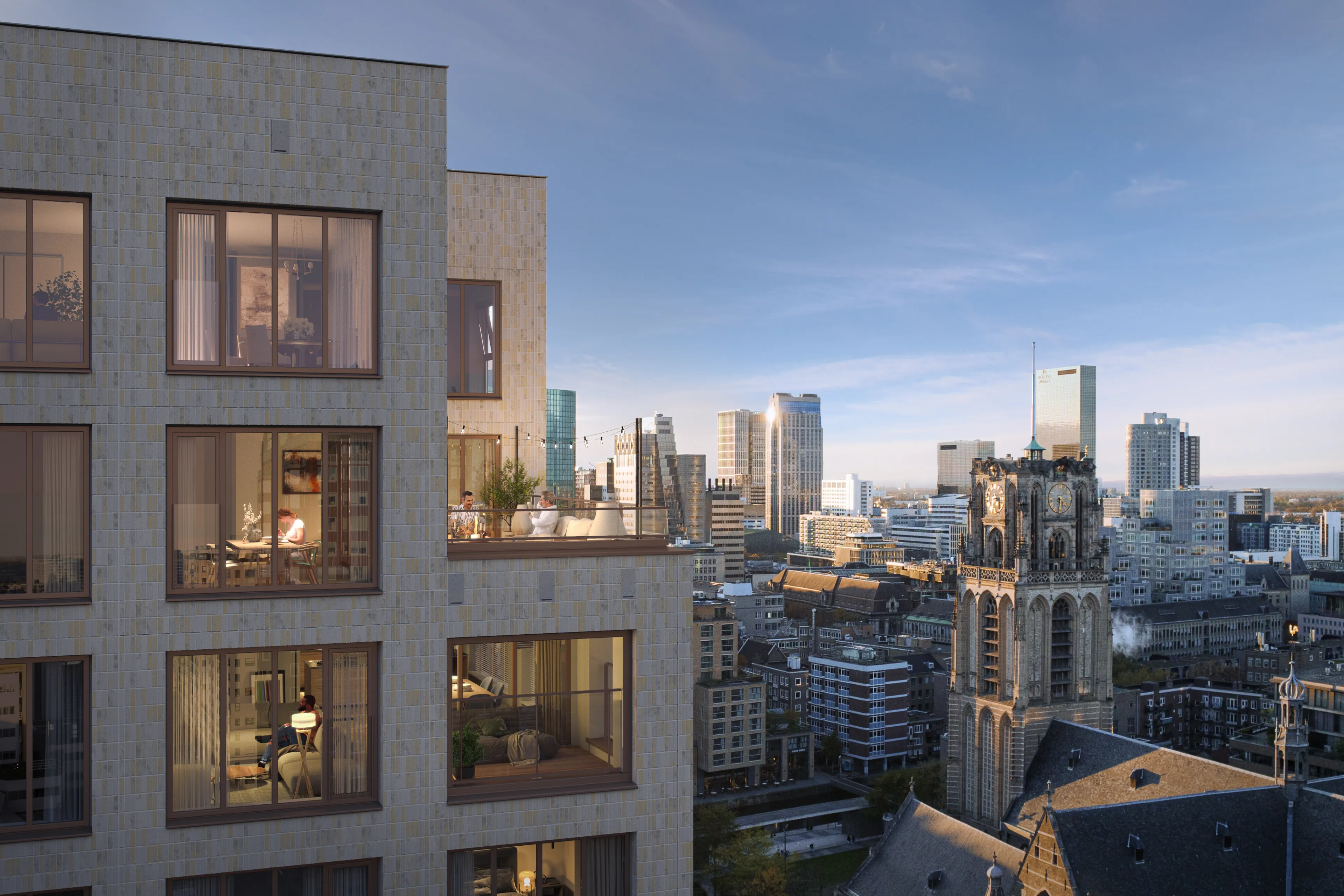 RottaNova — uitzicht over de Rotterdamse skyline vanaf een woning bij gouden licht