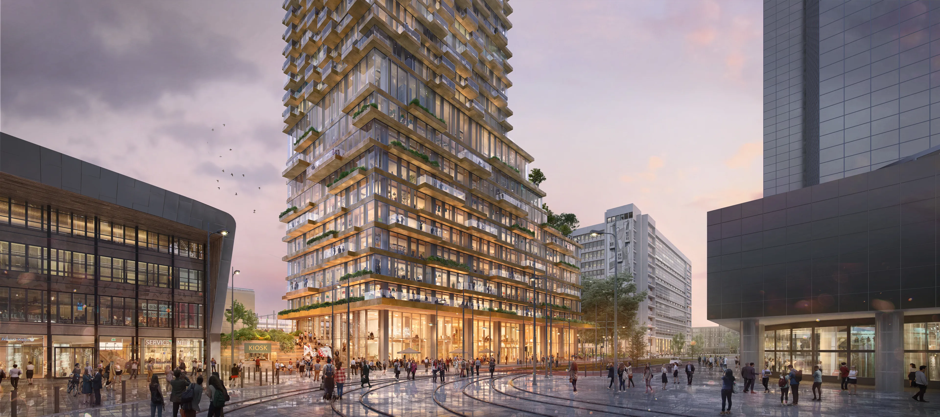 Tree House — getrapte woontoren boven het plein bij schemering in Rotterdam